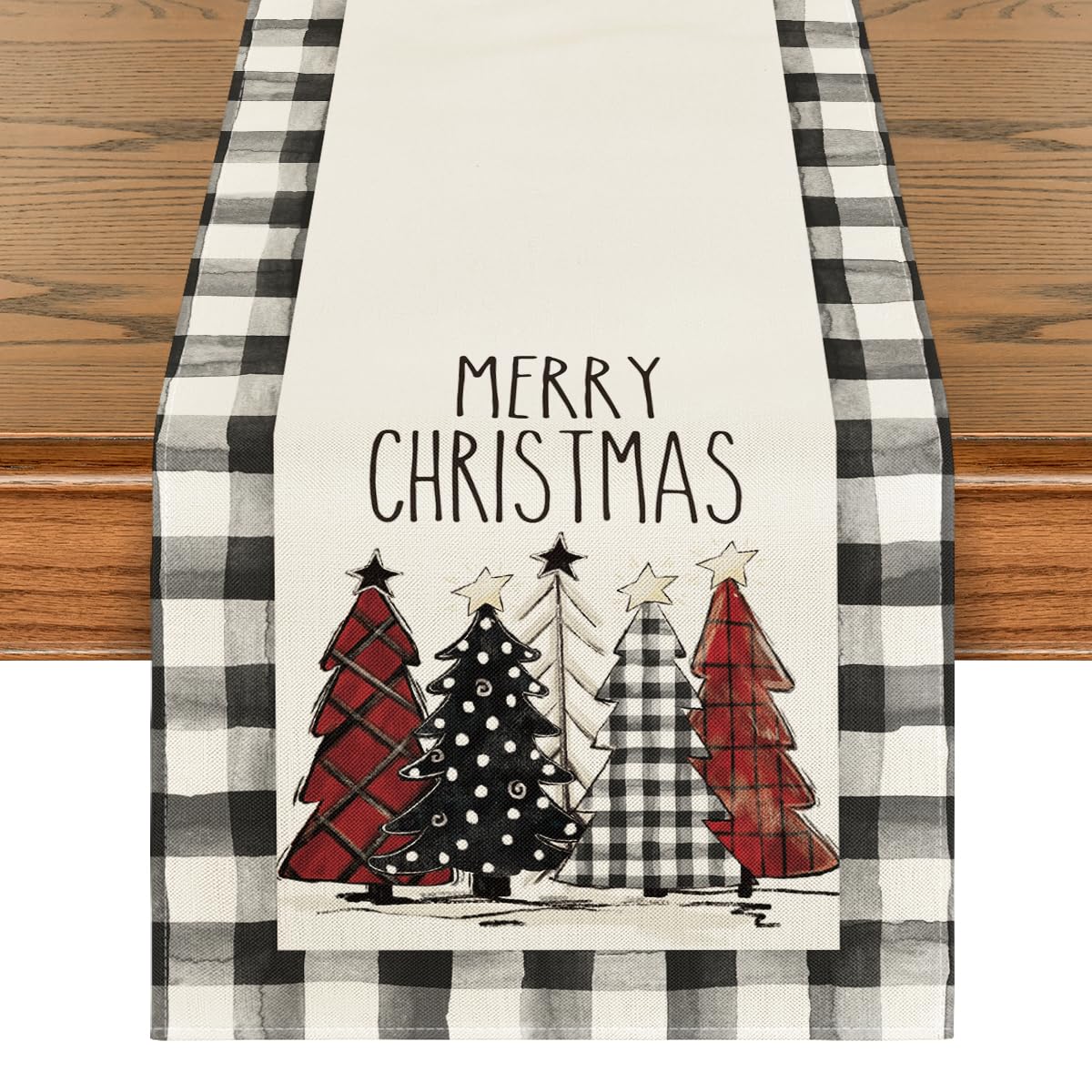 Artoid Mode Waterclor Buffalo Plaid Christmas Trees Merry Xmas Table Runner, Seasonal Winter Holiday Kitchen Dining Table Decoration for Indoor Outdoor Home Party Decor 13 x 72 Inch