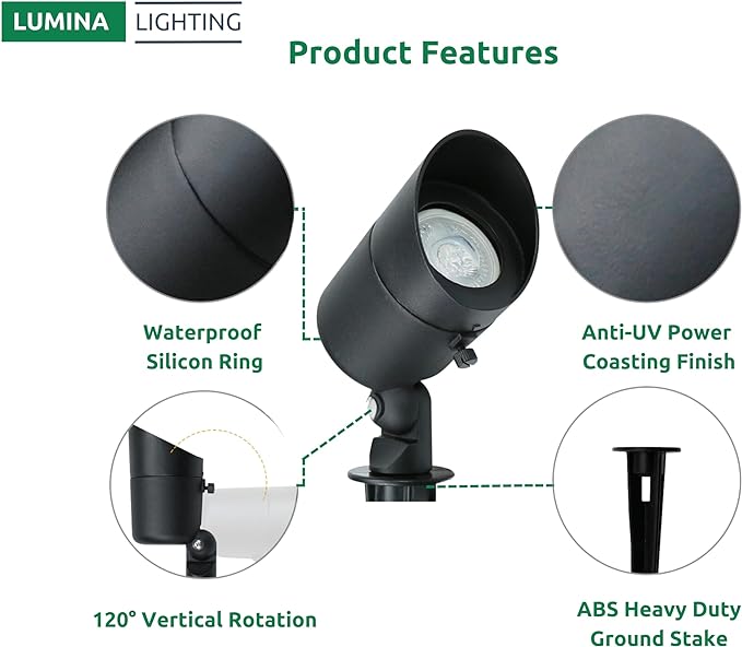 Lumina Lighting® 5W Landscape Lighting 12V Landscape Lights Low Voltage Landscape Spotlights Warm White Waterproof Outdoor Replaceable LED Bulb for Garden,Lawn,Porch,Patio and Yard (Black) (6-Pack)