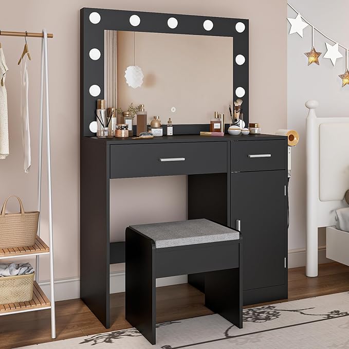 Makeup Vanity with Stool, Large Drawer and Power Socket with 11 Light Bulbs and 3 Adjustable Lighting Modes, Vanity Table for Bedroom (Black)