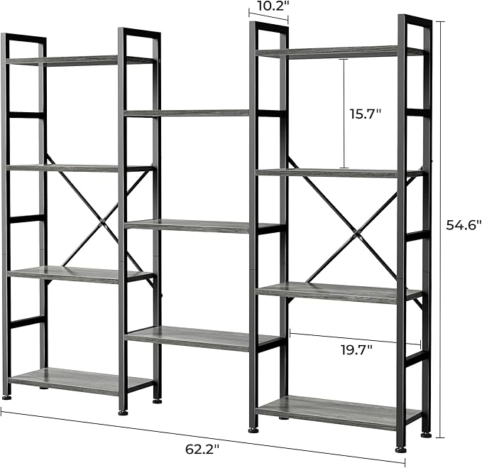 SUPERJARE Triple 4 Tier Bookshelf, Bookcase with 11 Open Display Shelves, Wide Book Shelf Book Case for Home & Office, Grey