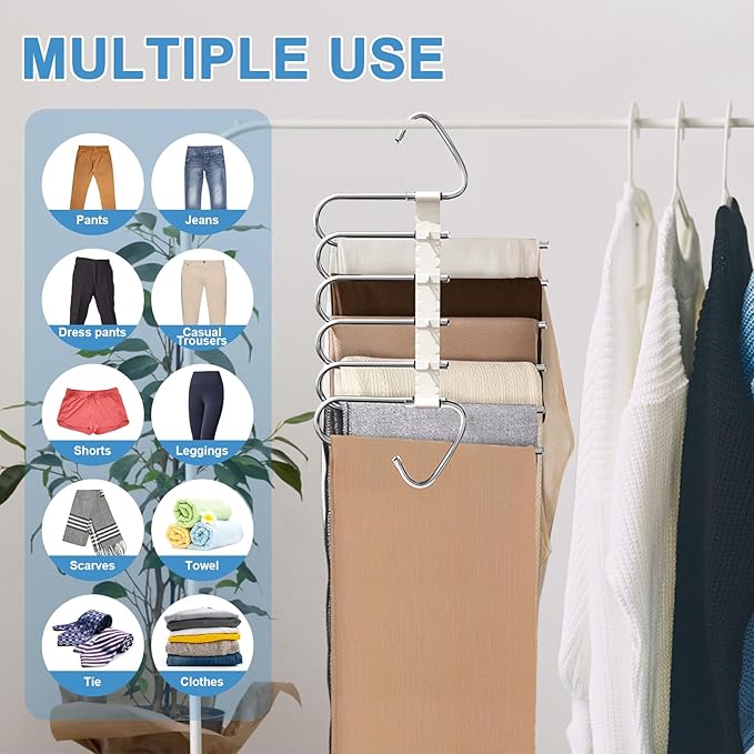 Upgrade 6 Layers Pants Hangers Space Saving, 2 Pack Non Slip Stainless Steel Multifunctional Pants Rack S-Type Pant Closet Hanger Organizer with Hooks for Pants Leggings Trousers, Antiquewhite