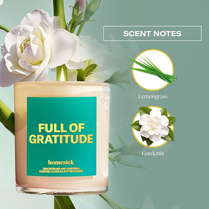 Homesick Scented Candles for Home (Full of Gratitude) - 7.5 oz Long-Lasting Natural Soy Wax Blend Jar Candle Gift for Women & Men, 30-35 Hours Burn Time - Notes of Lemongrass & Gardenia