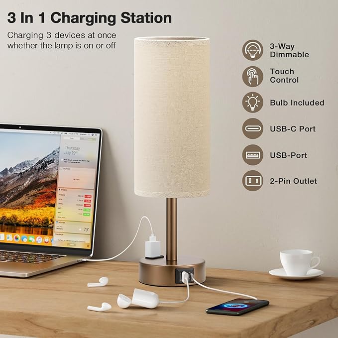 Brown Bedside Table Lamp for Bedroom - 3 Way Dimmable Touch Lamp USB C Charging Ports and AC Outlet, Small Lamp Round Flaxen Fabric Shade for Living Room, Desk, LED Bulb Included
