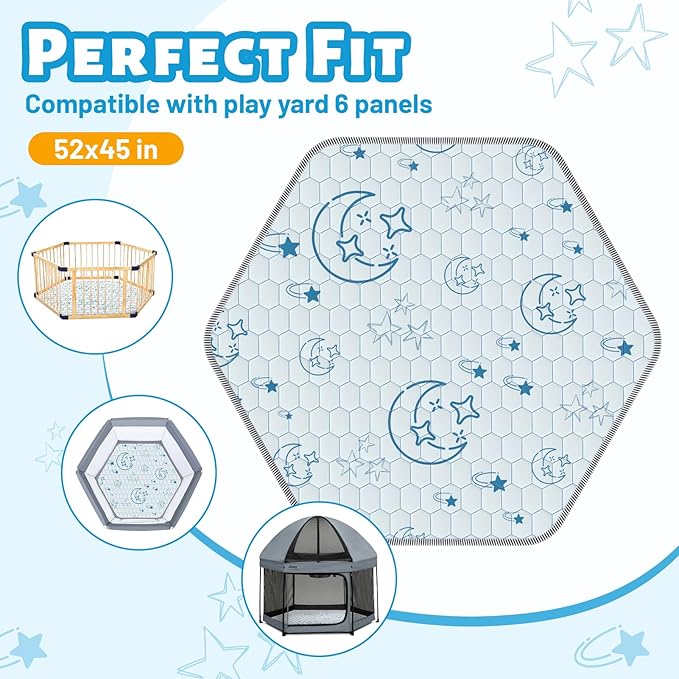 Hexagon Baby Play Mat 52x45in: Thick & Soft Cushioned Padded Hexagon Playpen Mat for Babies Toddlers & Infant - Non-Slip Silicon Dot Baby Crawling Mat - Foldable & Machine Washable Baby Floor Mat