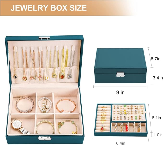 Jewelry Organizer Box Leather Jewelry Box for Girls Womens Earring Organizer with Lock Double Layers Jewelry Case Removable Tray for Necklace Earring Ring with Polishing Cloth and Jewelry Bags