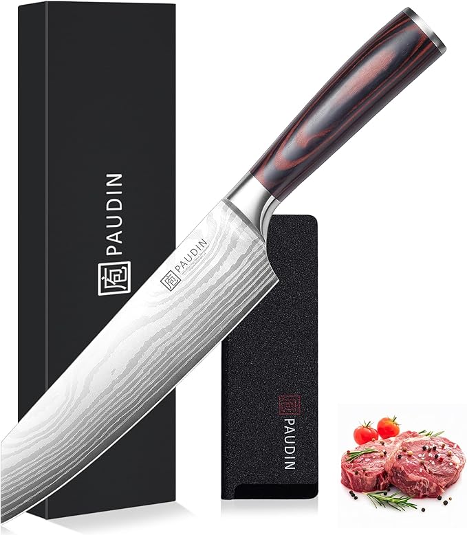 PAUDIN Chef Knife, Sharp High Carbon Stainless Steel Kitchen Knife with Sheath, 8 Inch Professional Santoku knives with Ergonomic Pakkawood Handle, Japanese Chopping Knifes Premium Gift Box