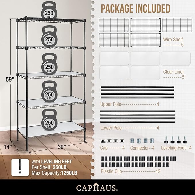 CAPHAUS NSF Adjustable Height Wire Shelving Unit w/Liner, 5-Tier Metal Steel Storage Shelf for Basement, Garage, Utility Organizer, No Wheels, Black