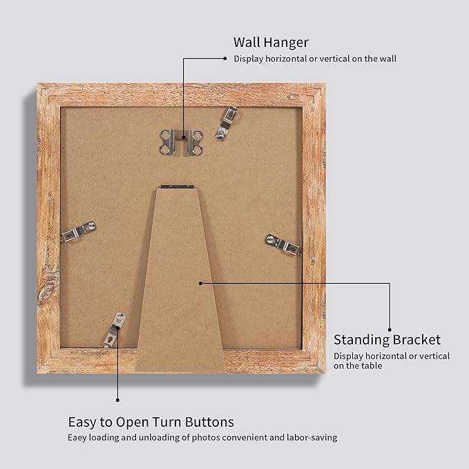 8x8 Picture Frame Set of 4 with HD Glass, Display 6x6 Pictures with Mat or 8 x 8 Without Mat, Square Wood Photo Frame for Wall Mount and Tabletop Display