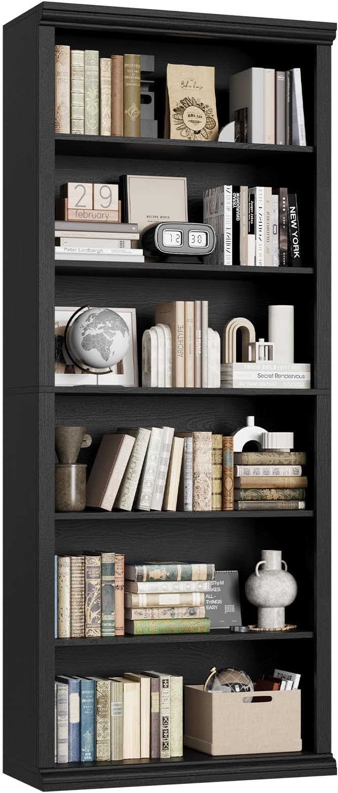 Rresyet Bookcase and Bookshelves, 28" W Tall Bookshelf with Elegant Design, 6 Tiers Spacious Book Storage, Freestanding Book Organizer, Display Library Shelf for Home Office, Living Room & Study Room