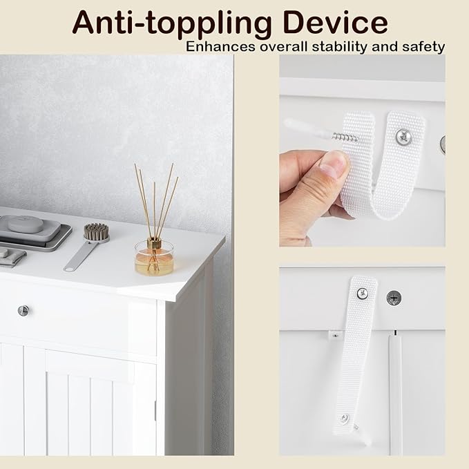 Tangkula Bathroom Storage Cabinet, Freestanding Floor Organizer w/ 2 Doors, 1 Drawer & 1 Adjustable Shelf, Modern Home Bathroom Furniture for Living Room Entryway Kitchen (Cabinet & Drawer, White)