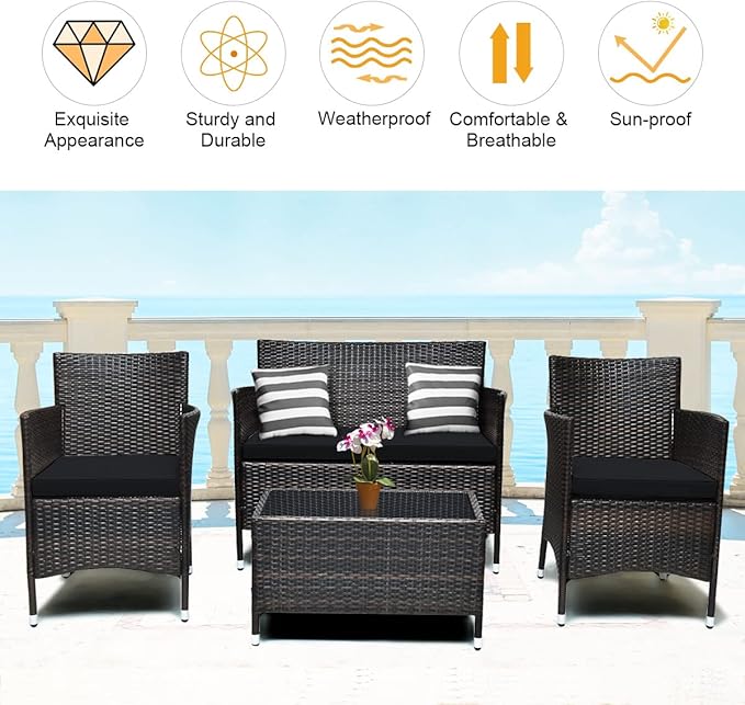 Tangkula 8 PCS Patio Rattan Conversation Set, Outdoor Wicker Furniture Set with Tempered Glass Coffee Table &Thick Cushion, Rattan Chair Wicker Set for Garden, Lawn, Poolside and Backyard (2, Black)