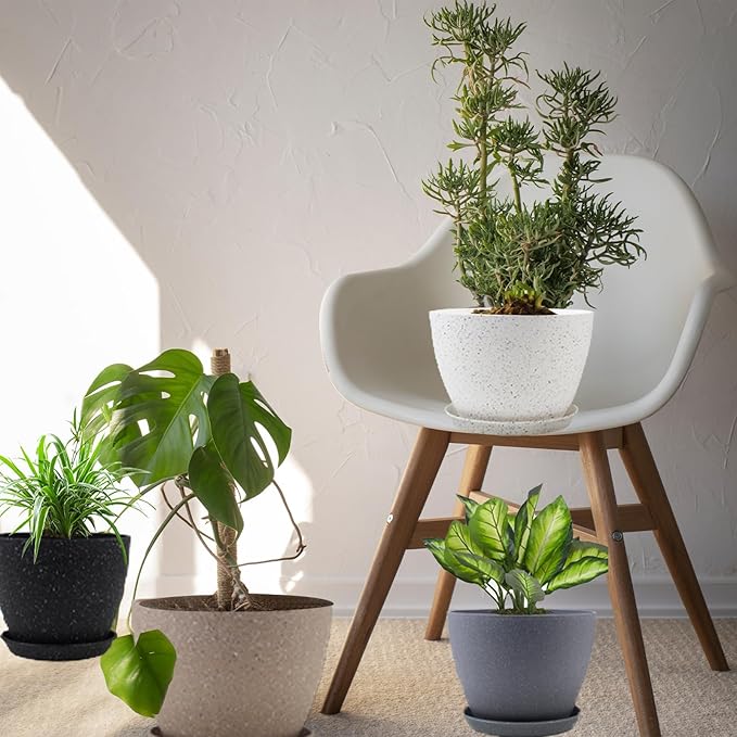 Plant Pots 8.5/7.5/6.5/6 inch, 4 Pack Pot for Indoor Plants, Modern Decorative Plastic Planters with Drainage Holes and Saucers for House Plants Indoor Outdoor Flower Plants