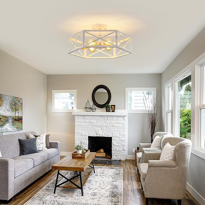 White Flush Mount Ceiling Light, 6 Light Flush Mount Light Fixture, Modern Close to Ceiling Light with Metal Hexagon Cage, Farmhouse Light Fixture for Hallway, Kitchen, Bedroom