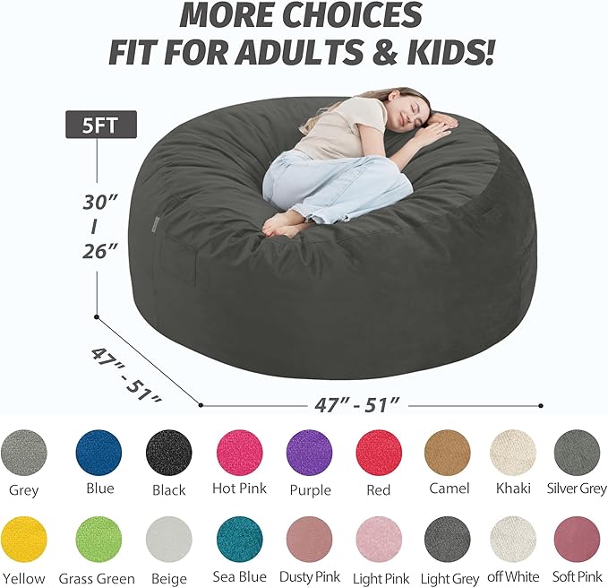 5FT Bean Bag Chair with Ultra Soft Velvet Cover Bean Bag Sofa with Memory Foam Bean Bag Chairs with Large Size Lazy Sofa for Dorm Office Living Room Bedroom Grey 5'