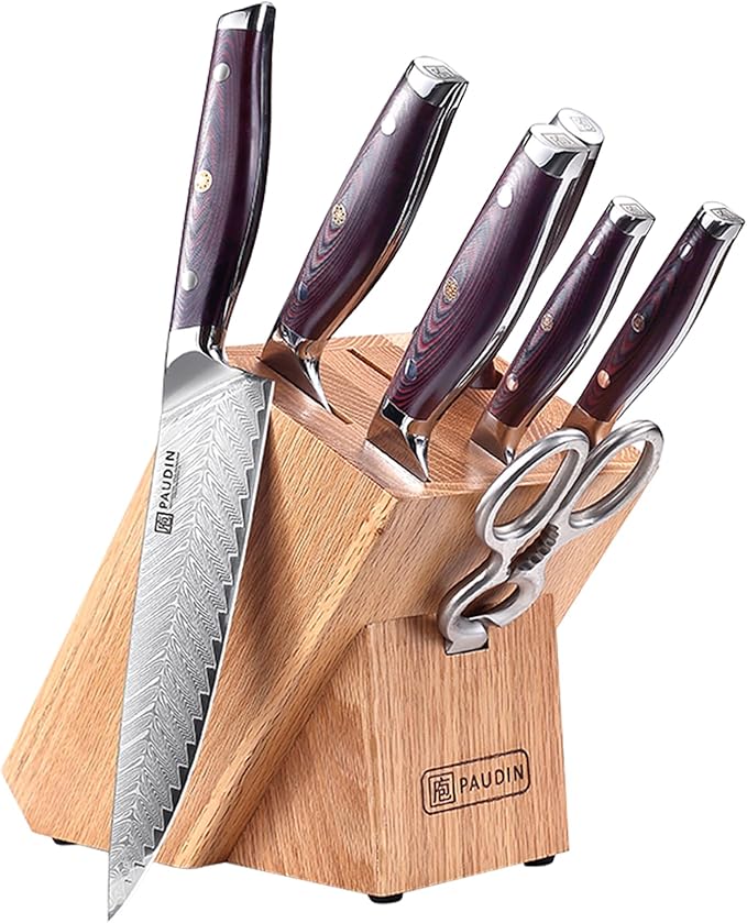 PAUDIN Damascus Knife Set 8 Pieces, Kitchen Knife Set with Block 67-layers Damascus steel, Ultra Sharp Japanese Knife Set with Full Tang G10 Handle, Chef Knife Block Set