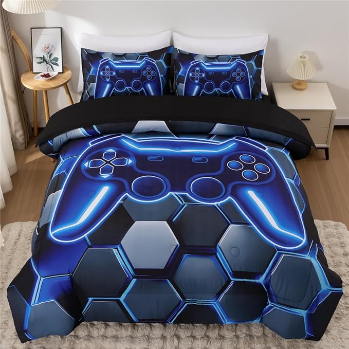 NTBED 3D Gaming Comforter Set for Boys Kids Teens,5pcs Gamer Bedding Sets with Sheet,Game Console Bed in a Bag(Blue, Queen)
