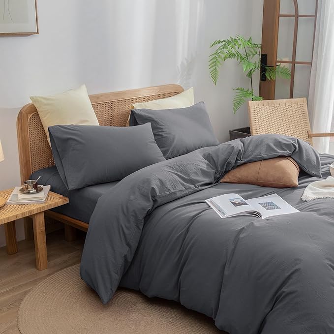 BESTOUCH Duvet Cover Set 100% Washed Cotton Linen Feel Super Soft Comfortable Chic Lightweight 3 PCs Home Bedding Set Solid Quiet Shade Grey Oversized Full