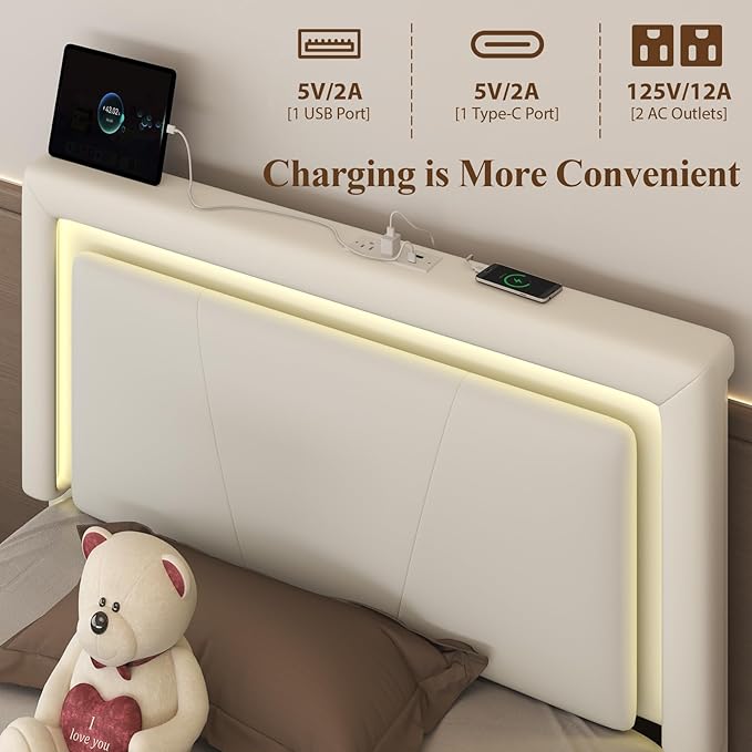 Twin Size Bed Frame with 4 Storage Drawers and LED Lights, Upholstered Platform Bed with Adjustable Headboard and Charging Station, Metal Slats Support, No Box Spring Needed,Easy Assembly, White