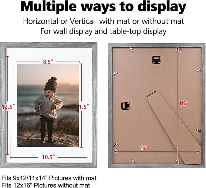 KINLINK 12x16 Picture Frame Grey, Solid Wood Frames with Acrylic Plexiglass for Pictures 11x14/9x12 with Mat or 12x16 without Mat,Wall Display Photo Frame, Set of 4