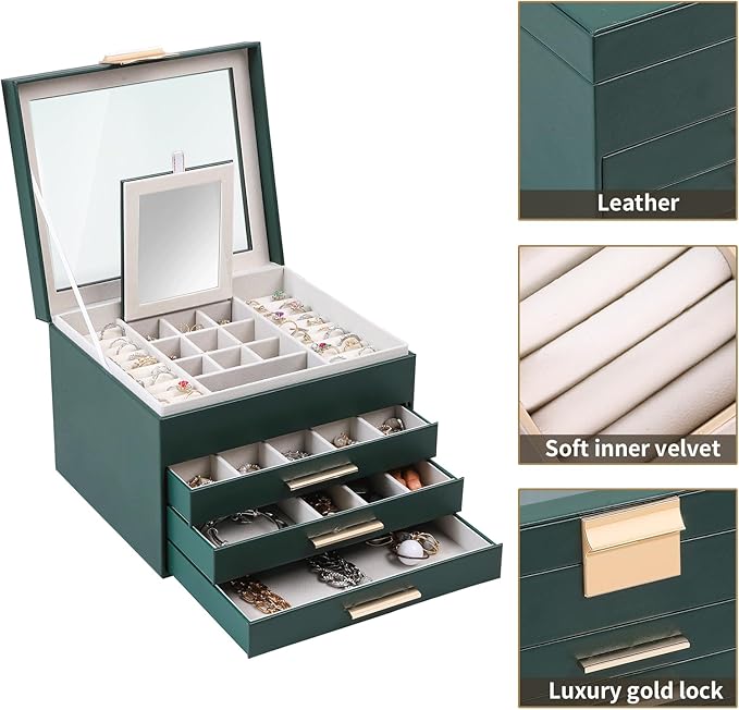 BOOVO Clear Lid Jewelry Box,4 Layers Jewelry Organizer Large Jewelry Storage Box with 3 Drawers,Jewelry Holder Organzier of Rings Earrings Necklace Bracelets for Women (Dark Green, 4 Layer)