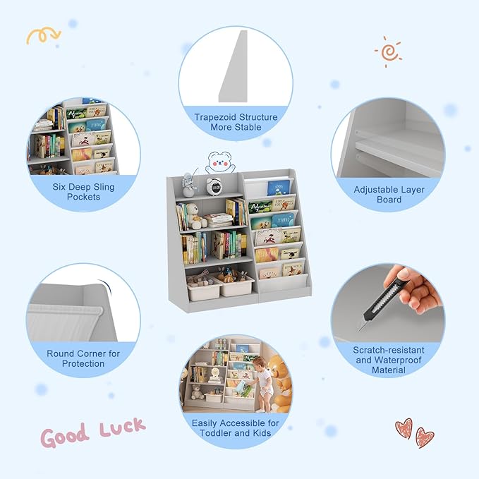 Gray Kids Bookshelf for Nursery Toddler Baby Sling Book Rack Adjustable Shelf Children Bookcase for Classroom Playroom Bedroom Décor Toy Magazine Book Storage Organizer 4 Tier Boy Girl’s Gift