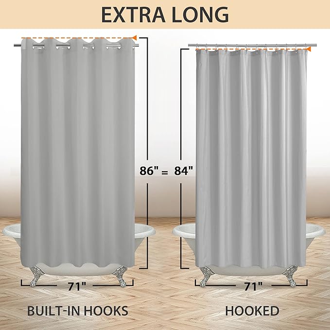 Extra Long No Hook Grey Shower Curtain or Liner Soft Microfiber - 84" Length Fabric Shower Curtain Liner Set, Machine Washable & Water Repellent, Gray, 71x86