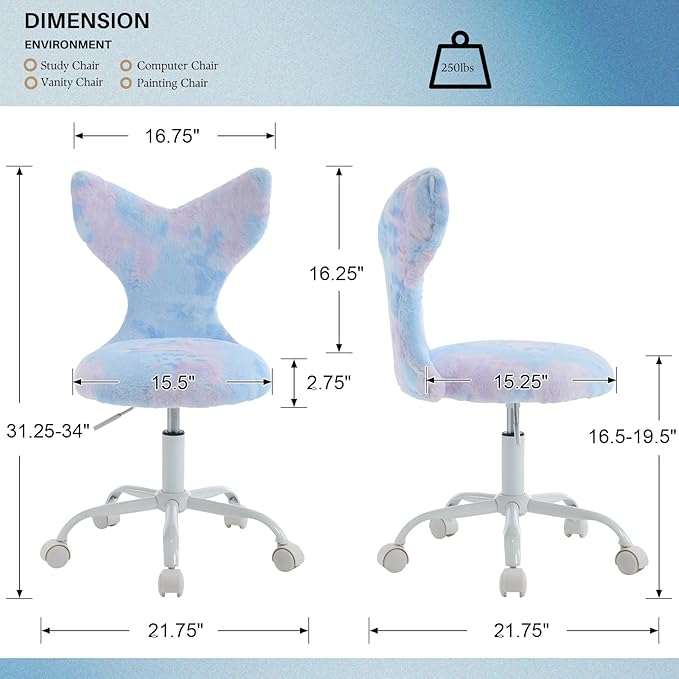 Fuzzy Desk Chair, Cute Swivel Children Desk Chair with Wheels for Kids Bedroom Upholstered Rolling Study Chair Adjustable Computer Chair Mermaid Back Vanity Chair for Teen Girls Boys, Blue Colorful