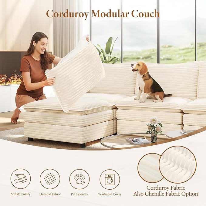 Vesgantti Large Modular Sectional Sofa, Big Comfy Cloud Couch with Ottoman Deep Seat Corduroy Cloud Sofa, 8 Seater Large Sectional Couches for Living Room, Bedroom and Apartment, Beige