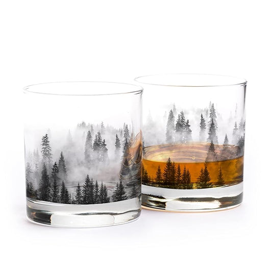 Black Lantern Whiskey Glasses - Set of 2 Old Fashioned Glasses for Whiskey Scotch and Bourbon - Cocktail and Rock Glasses for Nature Lovers - Two Premium 11oz. Glasses (Forest & Clouds)