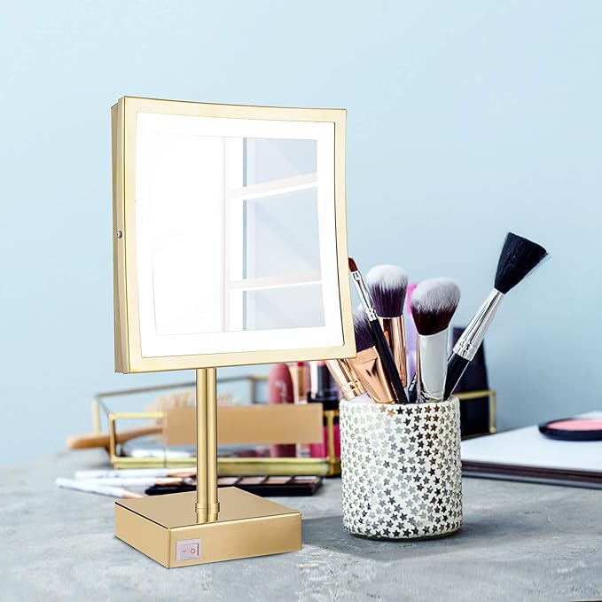 DOWRY Tabletop LED Lighted 5X Magnifying Makeup Mirror Square with Plug 8 Inch Polished Gold Finished