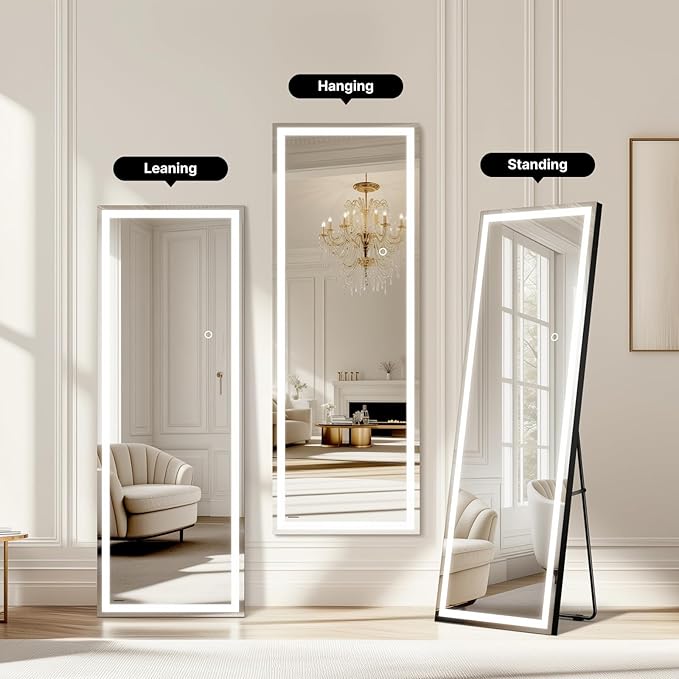 56"x18" Full Length LED Mirror with Lights, Dimmable Standing/Wall Mirror for Bedroom, Full Body Lighted Floor Mirror, Tempered Glass
