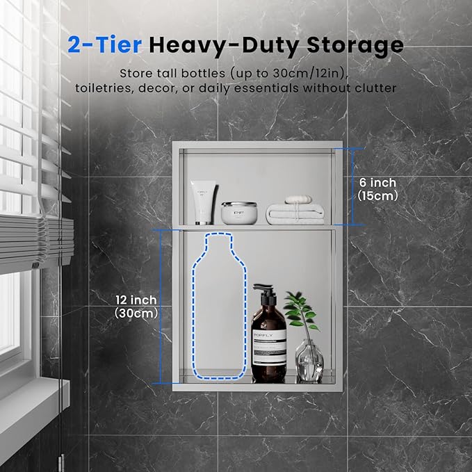 POPFLY 12"x18" 2-Tier Shower Niche Organizer, Stainless Steel Recessed Wall Shelf Inserts - No Tile Needed Double Shelves Bathroom Storage No Drill, Brushed Nickel