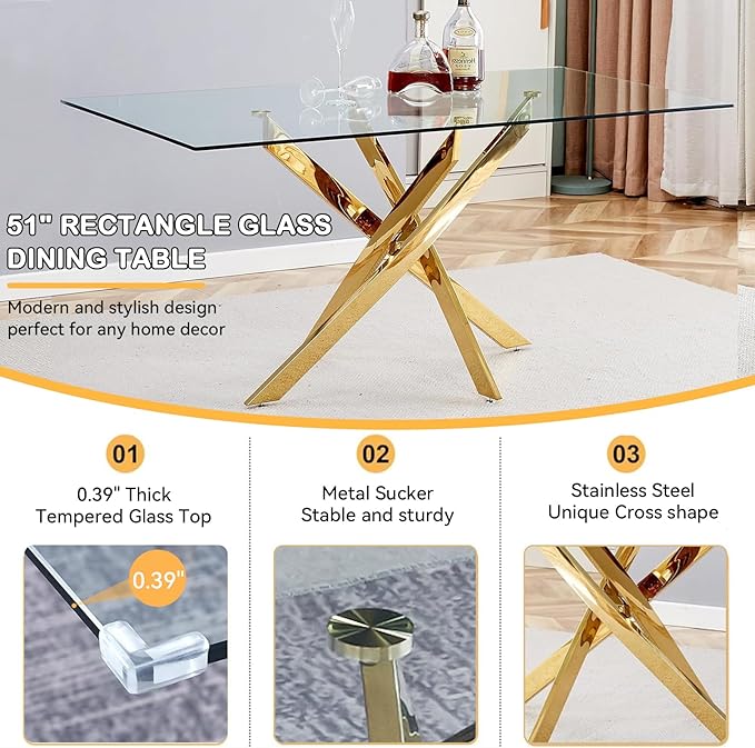 Goujxcy 51" Glass Dining Table Set for 4, Modern Kitchen Table and Chairs Set w/Steel Legs, 5-Piece Dining Table Set w/Glass Gold Dining Table and 4 Beige Velvet Chairs for Kitchen Dining Room