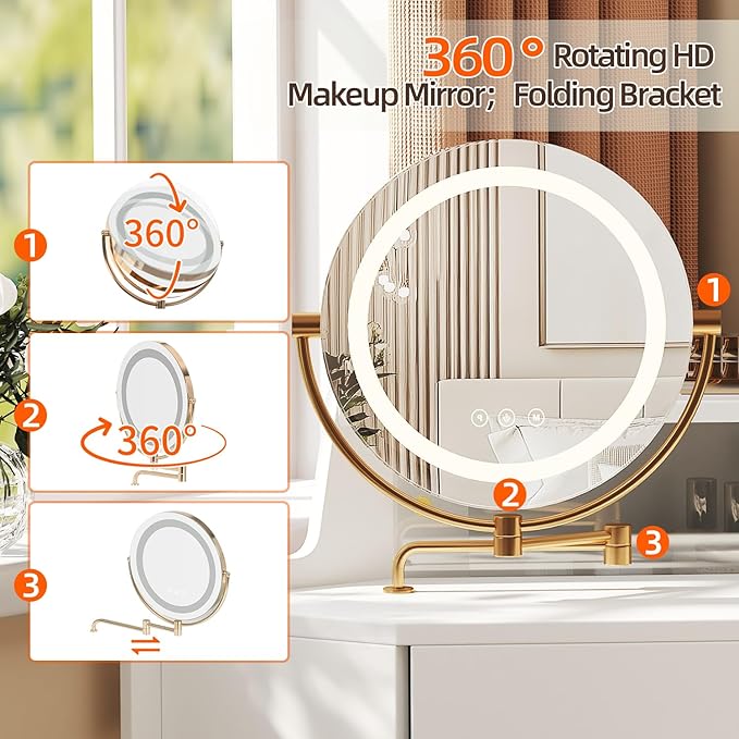 Merax Corner Vanity Desk with Mirror & LED Lights & Stool, Modern Makeup Vanity Table with Drawer Shelf Cabinet for Bedroom, Brightness Adjustable Folding Mirror (White)