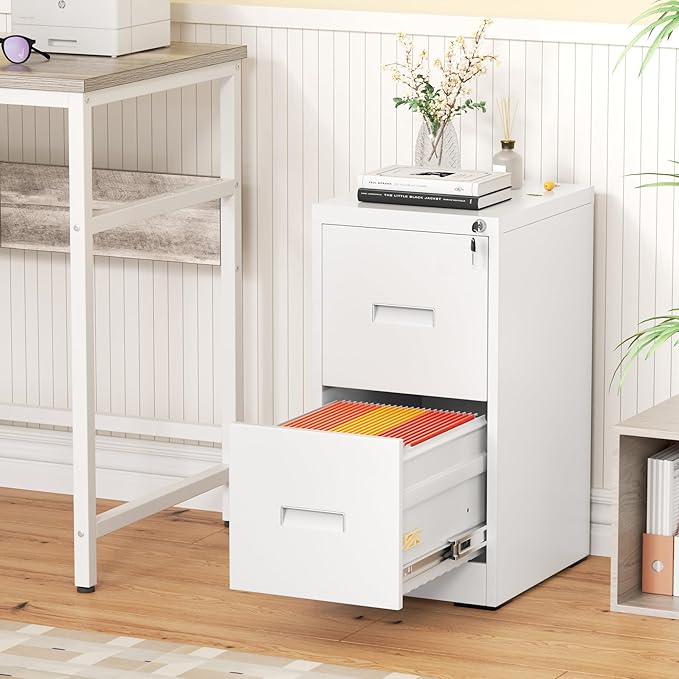 Greenvelly 2 Drawer Metal File Cabinet with Lock, White Vertical Filing Cabinet for Home Office, Lockable Metal File Cabinet for Hanging Letter/Legal Folders, Easy Assemble