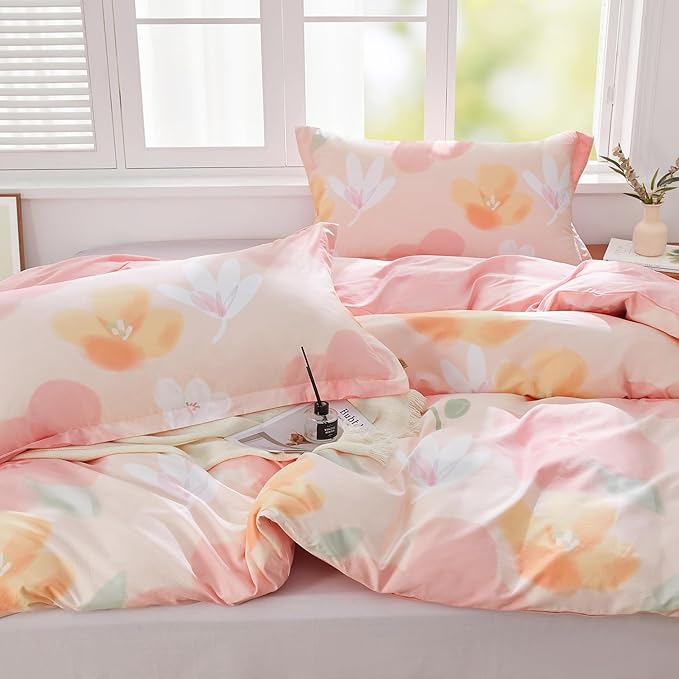 SAPHREAS Pink Floral Duvet Cover Set Full Size Blossom Flower Printed Bedding Comforter Cover Set 100% Cotton 1 Duvet Cover 90"x80" 2 Pillow Shams, Comforter Not Included