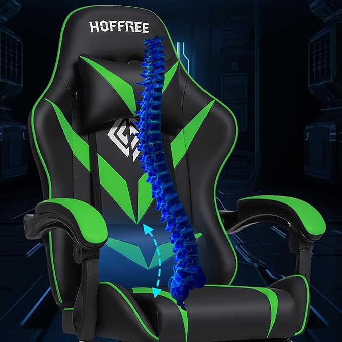 HOFFREE Massage Gaming Chair for Kids Computer Gamer Chair with Footrest and Lumbar Support Reclining PC Game Chair with Headrest for Gaming Room Green and Black