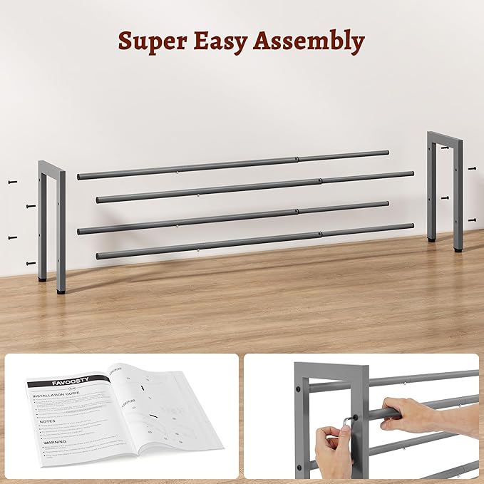 FAVOOSTY 2-Tier Expandable Shoe Rack, Adjustable Shoe Shelf Storage Organizer Space Saving Metal Free Standing Shoe Rack for Entryway Closet Doorway, Silver Grey