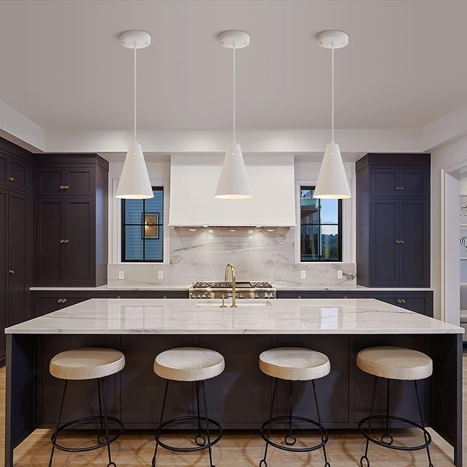 Dijiahua White Pendant Lights Kitchen Island,Dining Room Light Fixtures Over Table 3 Pack with Cone Metal Shade, Modern Farmhouse Mini Chandeliers,Adjustable Cord Hanging Lighting for Bar,Sink