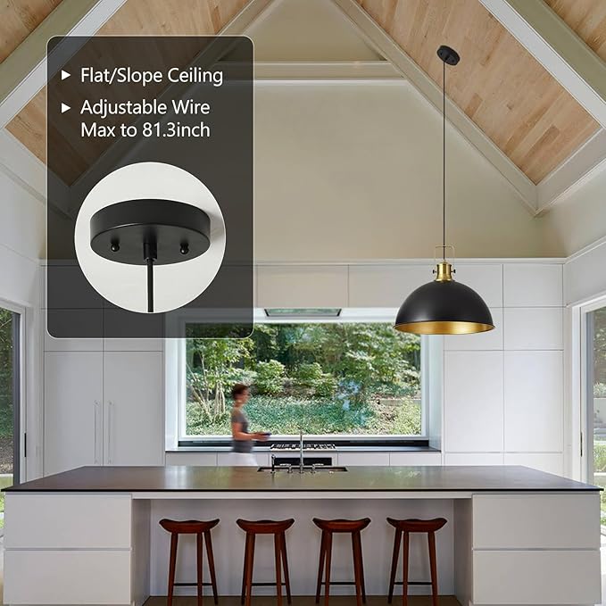 18 Inch Black Farmhouse Pendant Lights for Kitchen Island Industrial Haning Lamp Adjustable Height Vintage Dome Hanging Light Fixtures for Barn, Dining Room
