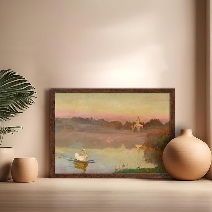 Poster Master Vintage Pond in Radziejowice Poster - Retro Swan Print - Lake Art - Landscape Art - Farmhouse Art - Animal Lover Art - Aesthetic Living Room or Office Decor, 16x20 Brown Framed