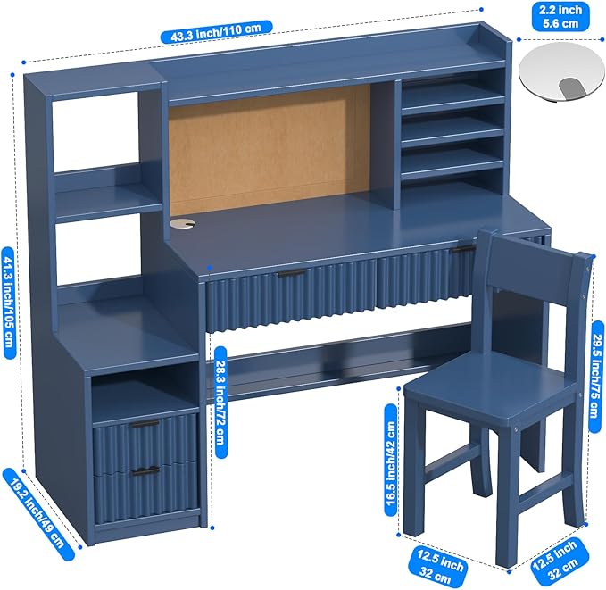 Blue Wooden Kids Fluted Desk and Chair Set,Kids Study Desk with Storage Shelves,Kids Study Table and Chair Set with 4 Fluted Drawers,Girls Study Desk for Kids with Hutch for Bedroom-p7P54u