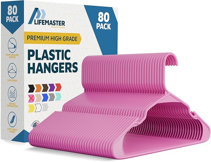 Plastic Clothes Hangers – Heavy Duty Hanger Set, for Organizing Clothes, Dresses, and Coat, Holds Up to 5 lbs, Space-Saving Hangers with Non-Slip Shoulder Grooves, Pack of 80, Pink