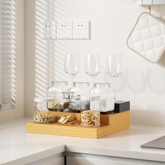 Spice Rack, Bamboo Spice Rack Kitchen Cabinet Organizer Expandable - Bamboo 3 Tier Figurine Display Shelf, Adjustable Magnetic 3 Tier Spice Racks, Brown & Black Combination