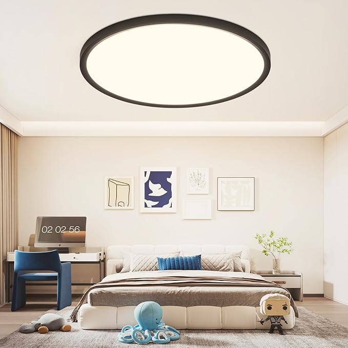 24 Inch Dimmable LED Ceiling Light Fixture, Ultra Thin Flush Mount, 48W 4800Lumen, 3 Color Changeable, Round, Black, for Dining Room, Living Room, Bedroom, Office, Hotel