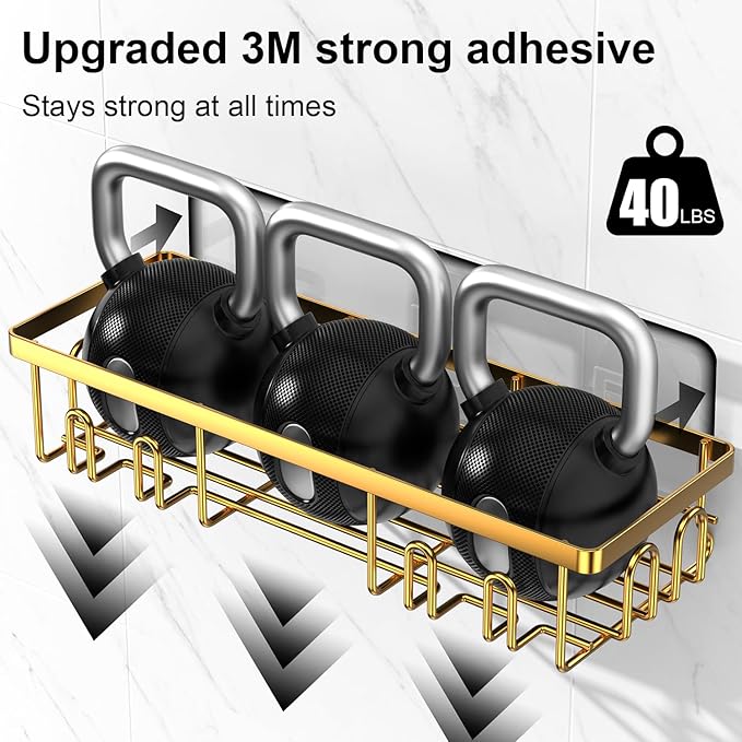 2025 New Adhesive Shower Caddy, Shower Shelves with 16 Hooks, Golden 2 Pack