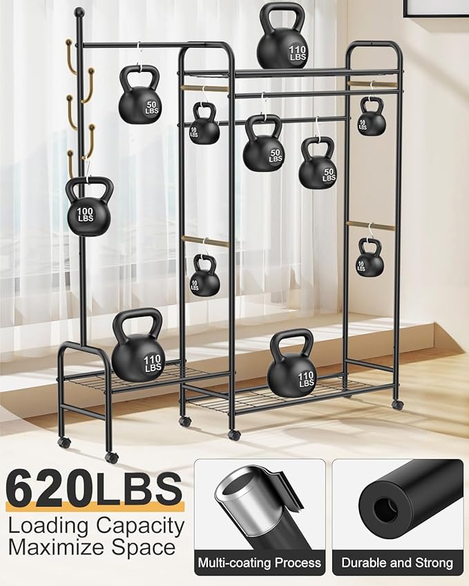 3-In-1 Clothes Racks For Hanging Clothes with Coat Rack, Heavy Duty Clothing Rack with Shelves Load 620Lbs, Portable Garment Racks with Lockable Wheels, Multi-Functional Closet Rack For Bedroom