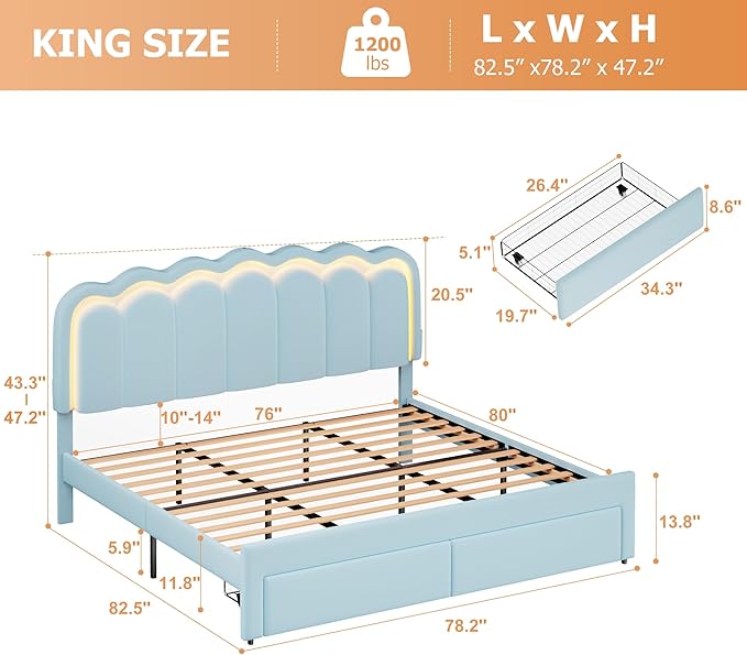 King Upholstered LED Bed Frame with 2 Storage Drawers and Adjustable Chic Double Wavy Headboard, Velvet Princess Platform Bed with Charing Station, Solid Wood Slats Support, No Box Spring Needed,Blue