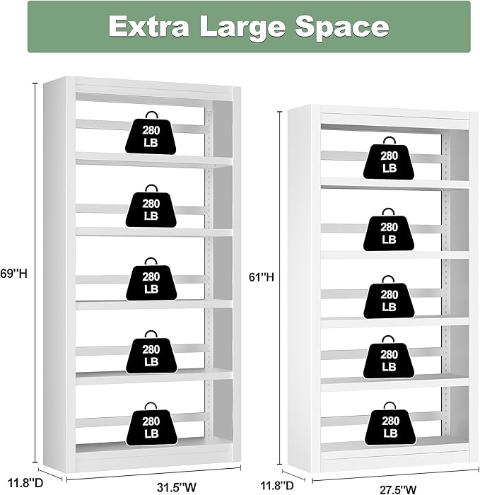 Metal Bookshelf, 5-Tier Bookcase, Modern Bookshelves with Adjustable Shelves, White Bookshelf for Home Office, Living Room, Garage, Small Space Living