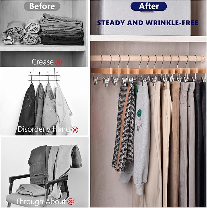 Amber Home 24 Pack Natural Wooden Pants Hangers with Clips, Wood Skirt Hangers Trouser Hangers for Jeans, Slacks, Shorts with 2-Adjustable Clips